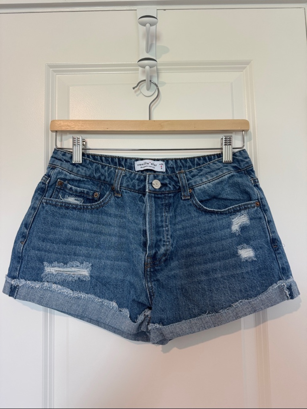 Vanilla Star Medium Blue Distressed High-Rise Denim Shorts Summer Vacation